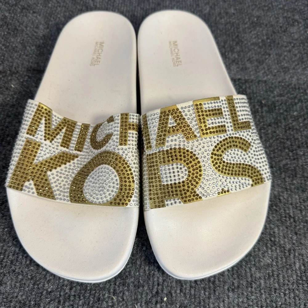 Michael Kors Slide Sandals White Gold Rhinestone Logo Pool Beach Women's